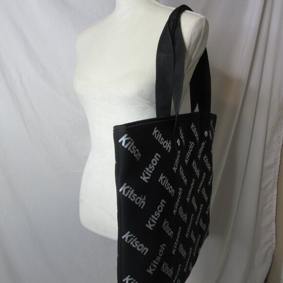 Kitson L.A. Neoprene Tote Bag Large Black and Silver Shoulder Handle Blue Lining - Picture 11 of 11